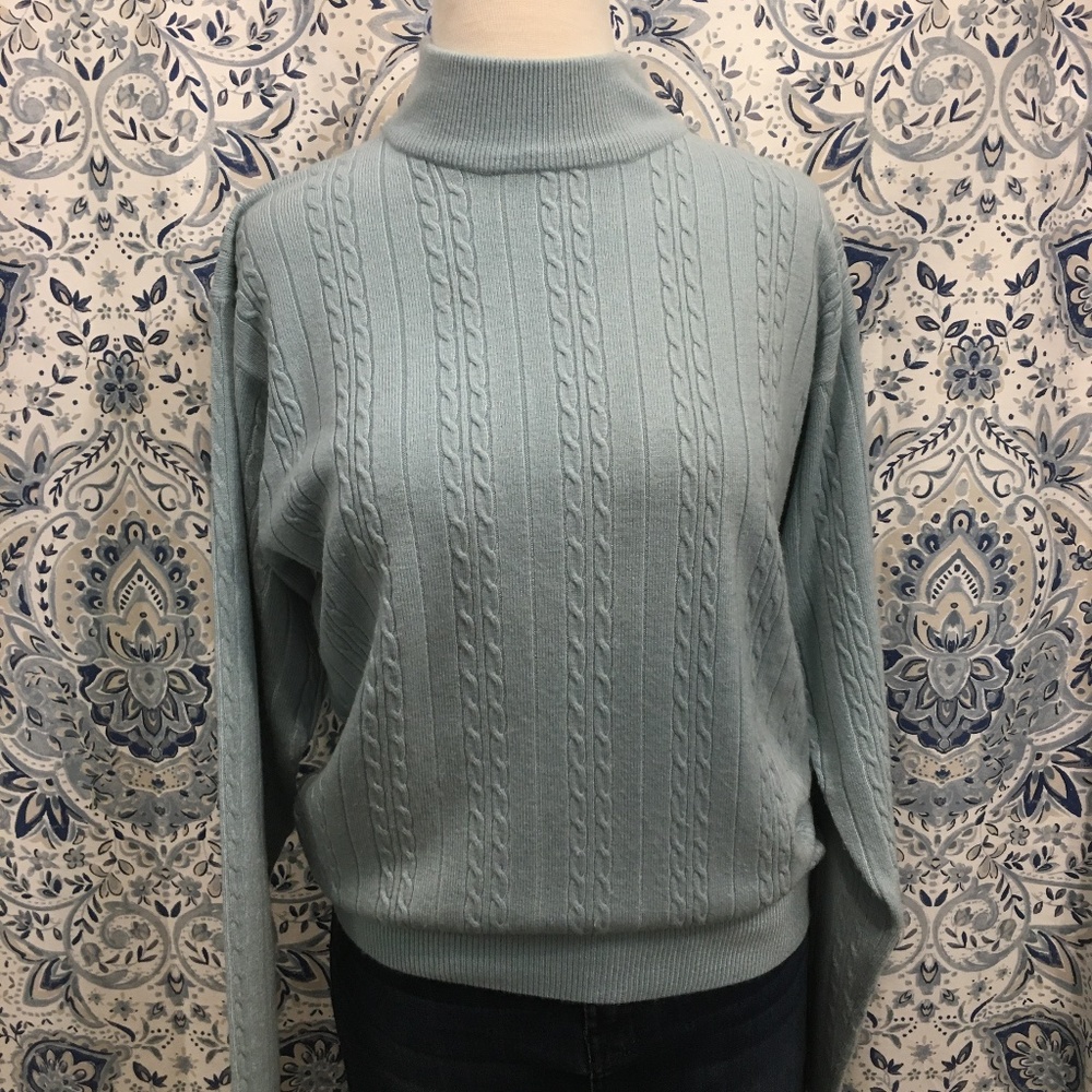 Grayish Blue Mock Turtleneck Cable Knit Sweater